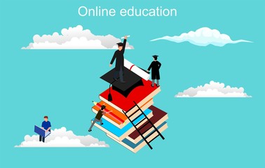 Wall Mural -  Isometric vector illustration of Students stand on the books pile, sky background, design templates for staff education, consulting, college, and other.  vector concepts 