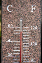 Rustic Outdoor Weather Thermometer Measuring/record An Extreme Heatwave, Close Up Of Vintage Garden Thermometer Showing A Very High Temperature Almost 120 Fahrenheit, 50 Degrees Celsius With Copyspace