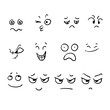 © devitaayu - collection of hand drawn Cartoon faces. Expressive eyes and mouth, smiling, crying and surprised character face expressions. Caricature comic emotions or emoticon doodle vector