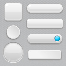 White Web Buttons With Blue Design Elements. Push Buttons Of Various Shapes