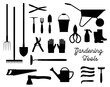 Gardening tools black silhouettes set. Isolated vector gardener planting work accessories garden rake, spade, watering can and bucket, scissors, farmer boots with wheelbarrow and pitchfork, ax and saw