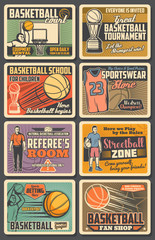 Wall Mural - Basketball players vector retro posters. Sport game championship, match with balls, winner trophy cups, hoop and team players on arena stadium. Referee room, basketball competition vintage cards set