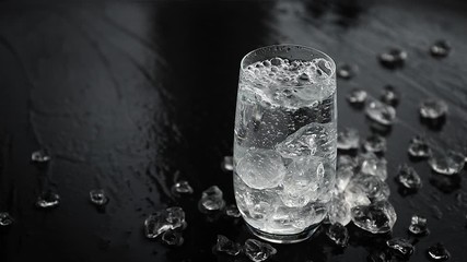 Wall Mural - pouring water into glass with ice on black stone background