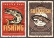Pike and sheatfish fishing retro posters. Club tournament with luce, catfish fish, fisherman equipment and tackles. Pike fish and fishing hook. Sport competition outdoor activity grunge vector card