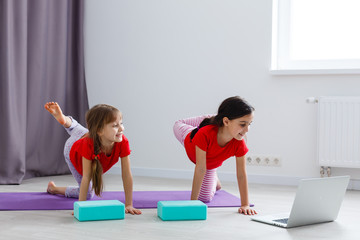 two little girls practicing yoga, stretching, fitness by video on notebook. Distant online education training, aerobic at home. Healthy lifestyle, coronavirus, stay home. Kids sport home quarantine.