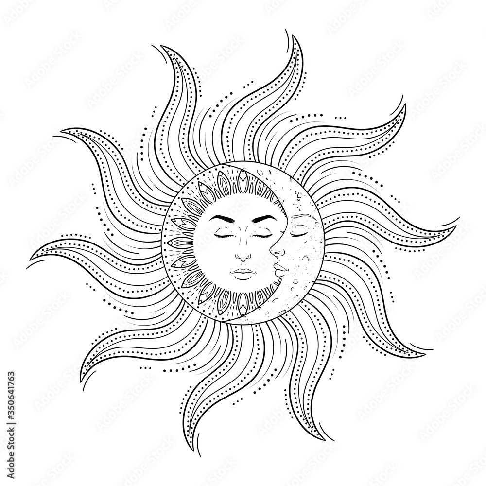 Sun and moon with man and woman faces on white background, vintage mystic  symbol art. Vector illustration Stock Vector | Adobe Stock, image size:1000x1000
