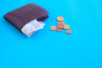 set of banknote, coins and wallet on blue background