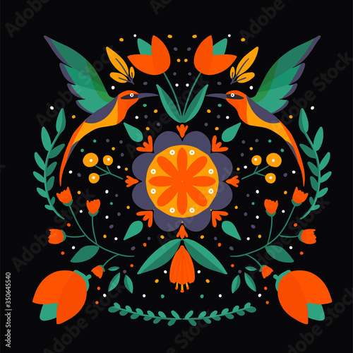 Photographie folk art scandinavian colourful pattern with floral and birds vector illustratio