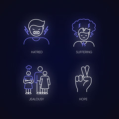 Canvas Print - Psychological problem neon light icons set. Man scream from hatred. Suffering from mental illness. Psychological help. Signs with outer glowing effect. Vector isolated RGB color illustrations