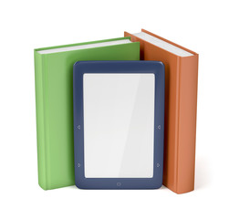 Blue e-reader and two books on white background