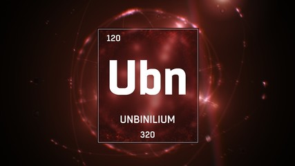 Wall Mural - 3D illustration of Unbinilium as Element 120 of the Periodic Table. Red illuminated atom design background with orbiting electrons. Design shows name, atomic weight and element number 