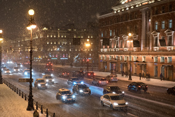 Night snowfall on Nevsky Prospect.