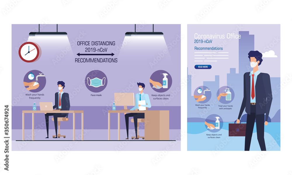 set banners of campaign distancing social and recommendations at office vector illustration design - obrazy, fototapety, plakaty 