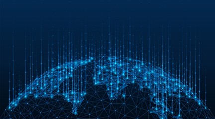 global map of the world. data transmission technology. polygonal model of the globe. blue background