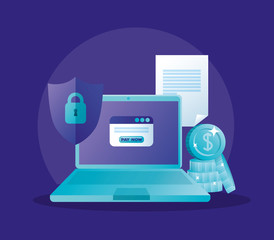 Sticker - concept of bank online with laptop and icons vector illustration design