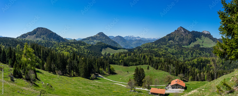 Panoramablick in die Alpen: Wanderung im Chiemgau - Blick auf Pasterkopf, Kranzhorn, Heuberg, Kitzstein und Wasserwand - obrazy, fototapety, plakaty 