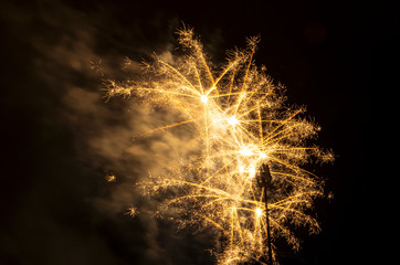 vibrant yellow fireworks against black sky