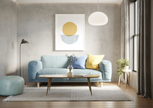 3d Render Of A Room With A Light Blue Sofa An Art Canvas And Blue And Yellow Cushions	