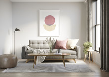 3d Render Of A Grungy Concrete Room With A Grey Sofa An Art Canvas And Dusky Pink And Yellow Cushions	
