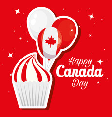 Sticker - happy canada day with cupcake and decoration vector illustration design