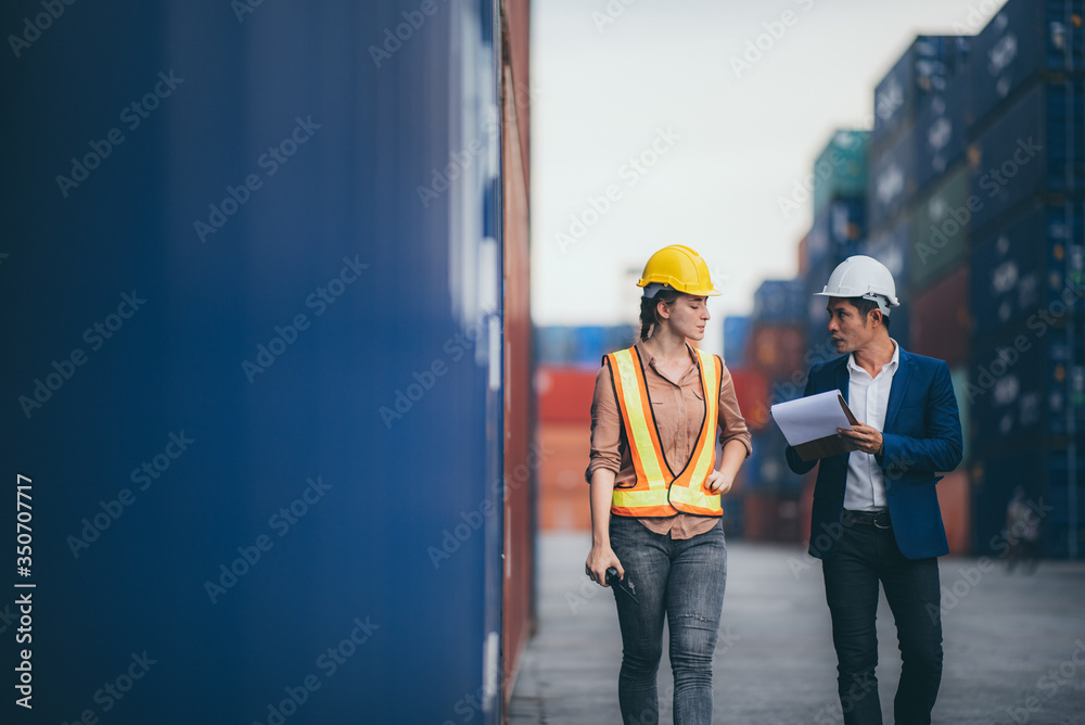 Business executives And engineers are visiting industrial plants and warehouses for international shipping businesses. Concepts of import and export via airplanes and ships - obrazy, fototapety, plakaty 