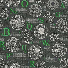 Wall Mural - Vector seamless pattern on the topic of bio Sciences, medicine, biology. A repeating background in the form of black magazine page with illegible text and drawings of various germs and microorganisms