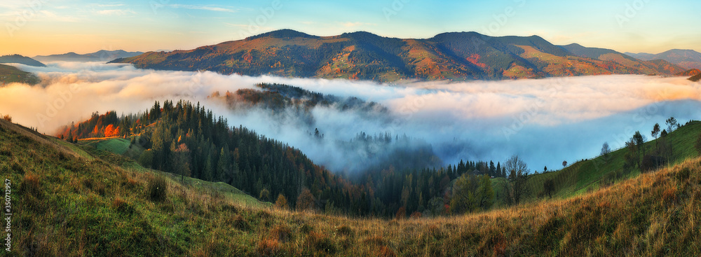 foggy morning in the mountains. Autumn sunrise in the Carpathians - obrazy, fototapety, plakaty 