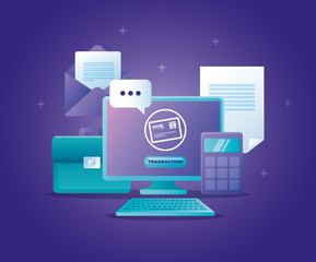 Sticker - concept of bank online with computer desktop and icons vector illustration design