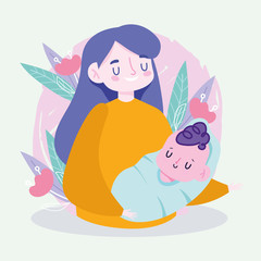 Sticker - Mother with baby and leaves vector design