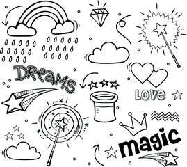 Wall Mural - Set of hand drawn illustrations of a magic wand, diamond, dreams and other magic attributes.  Vector illustration 