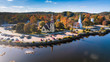 Mahoney Bay, Lunenburg, Nova Scotia - Aerial views of the iconic and most famous three churches of Mahone Bay. UNESCO. St James Anglican Church. St John's Evangelical Lutheran. Trinity United Church