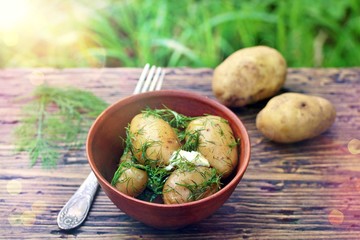 Wall Mural - Young boiled potatoes with butter and dill on a wooden background of an old tree. country style. Organic food. copy space