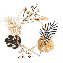 Poster - Abstract gold floral frame with exotic tropical leaves, branches, berries. Empty template for text. Luxury decorative modern polygonal geometric empty banner. Polyhedron closeup. Vector illustration