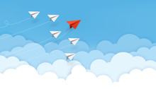 Business Concept. Red Paper Airplane Flying Changing Direction On Blue Sky Of Business Teamwork And One Different Vision. Leader, New Idea, Boss, Manager, Winner Concept, Trend. Vector Illustration
