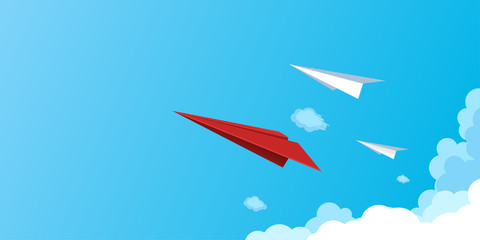 Wall Mural - paper airplanes flying on blue sky.business teamwork and leadership concept.vector illustration.