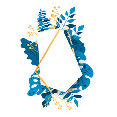 Poster - Abstract polyhedron gold floral frame with blue exotic tropical leaves, branch, berries. Empty template for text. Luxury decorative modern polygonal geometric white banner closeup. Vector illustration