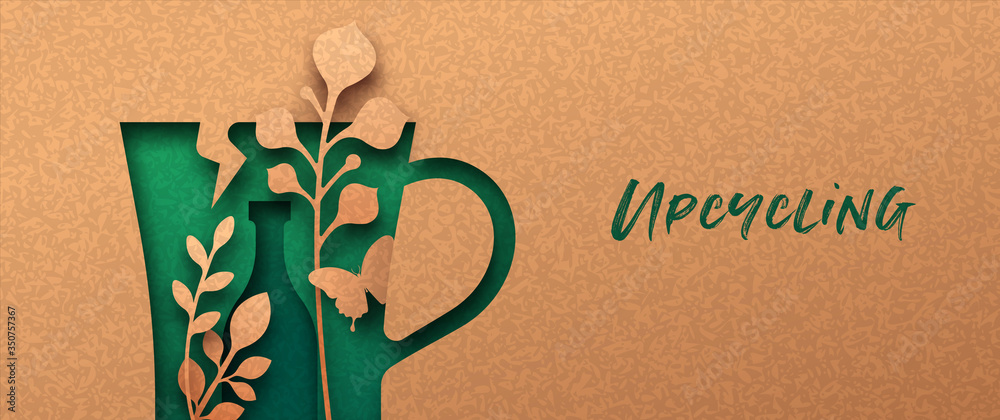 Upcycling green 3D papercut nature banner - obrazy, fototapety, plakaty 
