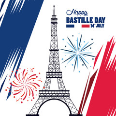 Wall Mural - happy bastille day celebration with tower eiffel and fireworks