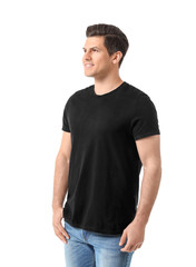 Man in stylish t-shirt on white background