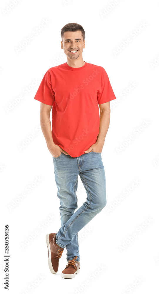 Man in stylish t-shirt on white background
