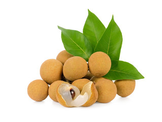 Wall Mural - Longan fruit, opened longan with longan leaves isolated on white background.