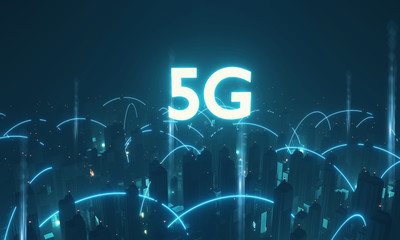 Wall Mural - 3D Rendering of 5G text with virtual curve lines connection and futuristic  technology city. Concept for Fast data transfer and transmission bandwidth rate. For telecom, mobile operator