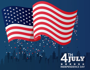 Sticker - fourth july usa independence day celebration with flag and cityscape