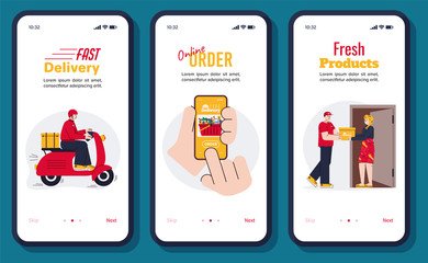 Online food delivery app banner set - courier man delivering groceries