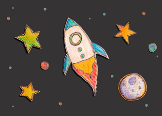 Wall Mural - Space exploration theme with rocket and star drawings