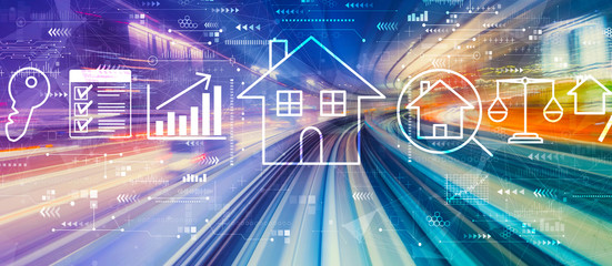 Poster - real estate theme with abstract high speed technology pov motion blur