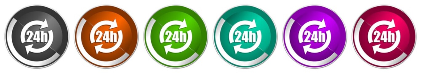 Poster - 24h icon set, silver metallic chrome border vector web buttons in 6 colors options for webdesign