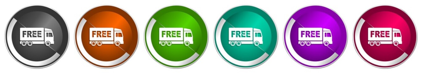 Fototapete - Free delivery icon set, silver metallic chrome border vector web buttons in 6 colors options for webdesign