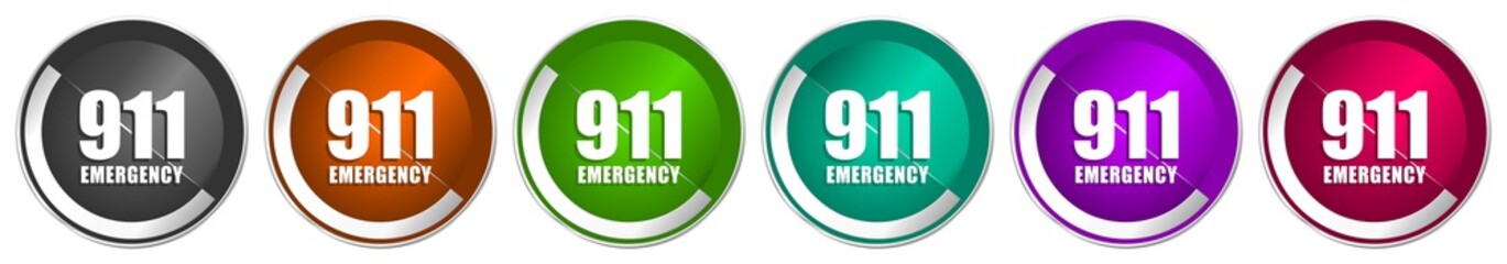 Poster - Number emergency 911 icon set, silver metallic chrome border vector web buttons in 6 colors options for webdesign