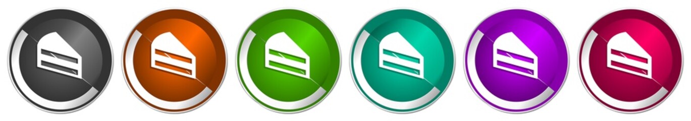 Poster - Cake icon set, silver metallic chrome border vector web buttons in 6 colors options for webdesign